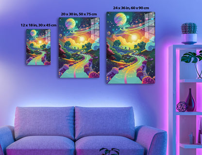 A vibrant psychedelic landscape with a colorful striped planet in the sky, winding rivers, whimsical trees, and celestial elements like comets, stars, and cosmic clouds creating a surreal, dreamlike scene.
