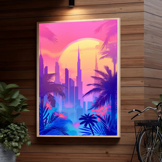 Vibrant and colorful illustration of a city skyline with towering skyscrapers behind silhouetted palm trees against a pink and purple sunset sky, with a stylized sun in the background.
