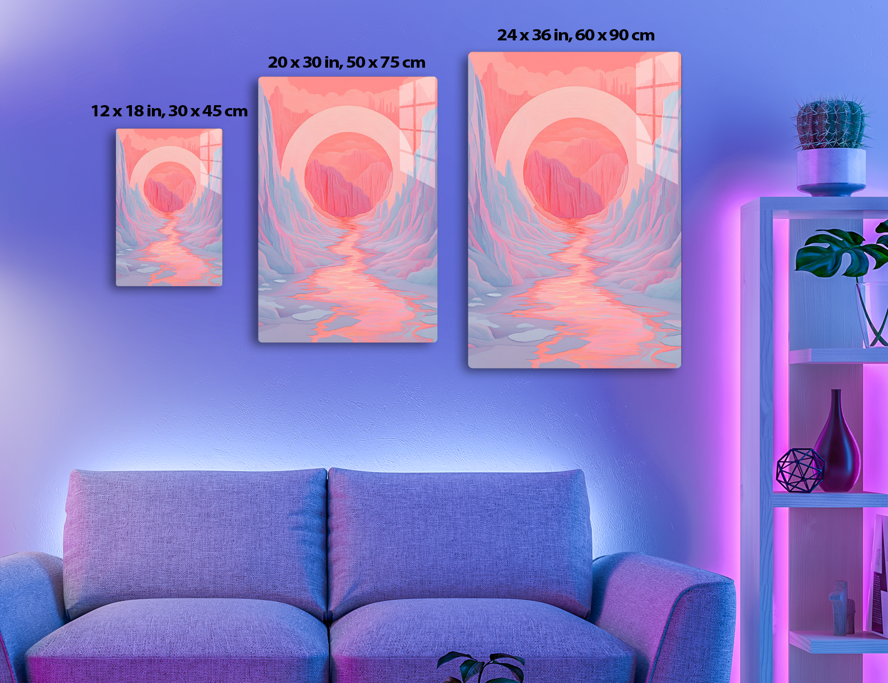 An abstract digital illustration depicting a canyon or tunnel-like passage with vibrant pink and coral hues, arched rock formations, and a winding stream or river reflecting the warm colors of the environment.
