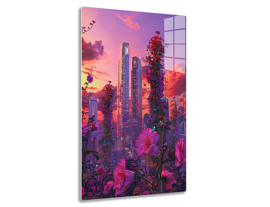 Colorful artistic rendering of a futuristic city skyline with towering skyscrapers amidst vibrant pink, purple and red foliage against a dramatic sunset sky.
