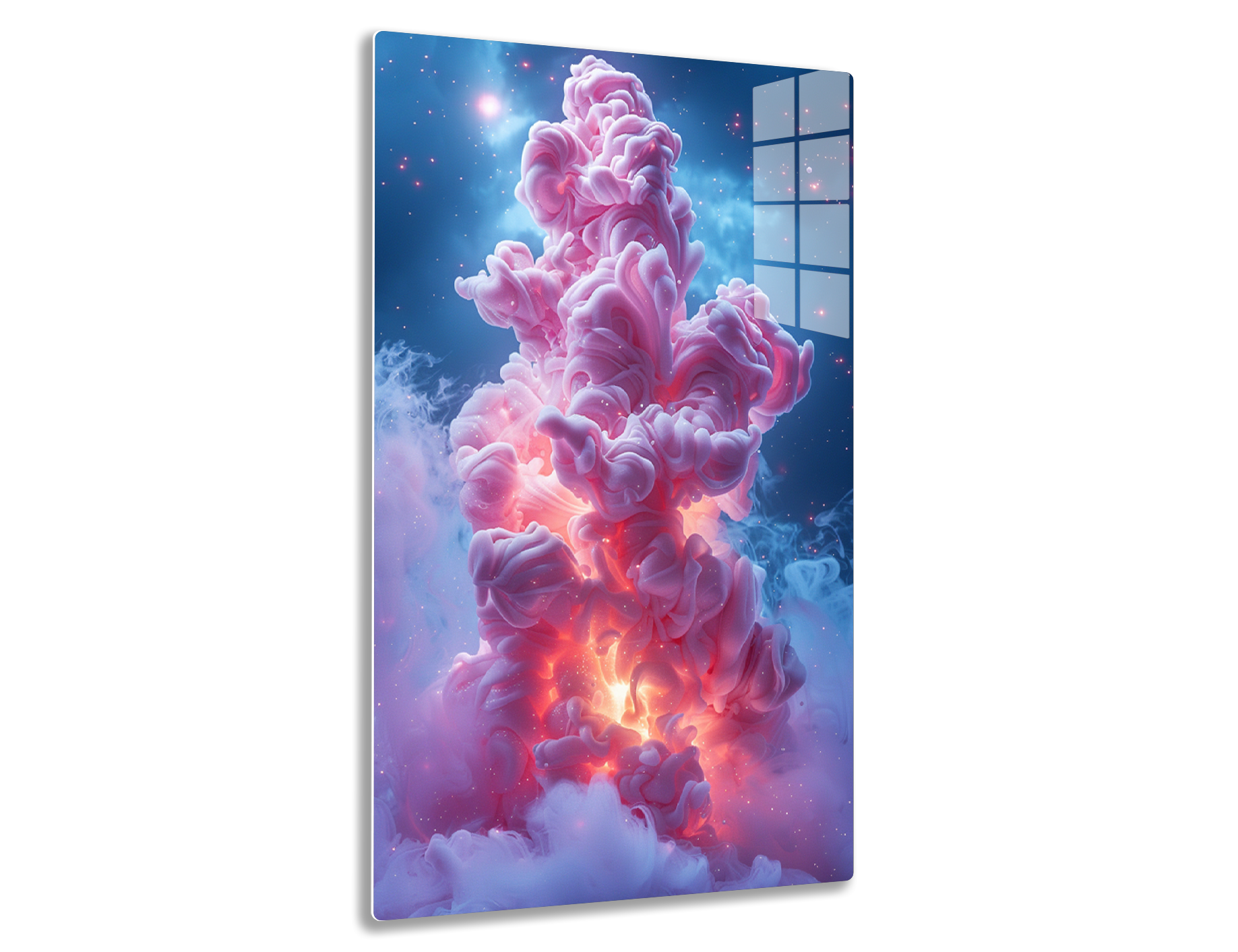 A cosmic explosion of vibrant pink and orange smoke or clouds against a starry blue background, resembling a massive stellar phenomenon or nebula.
