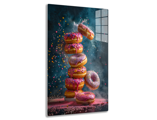 A stack of colorful glazed donuts with sprinkles, captured mid-explosion against a dramatic blue background, showcasing the motion and splashing particles.
