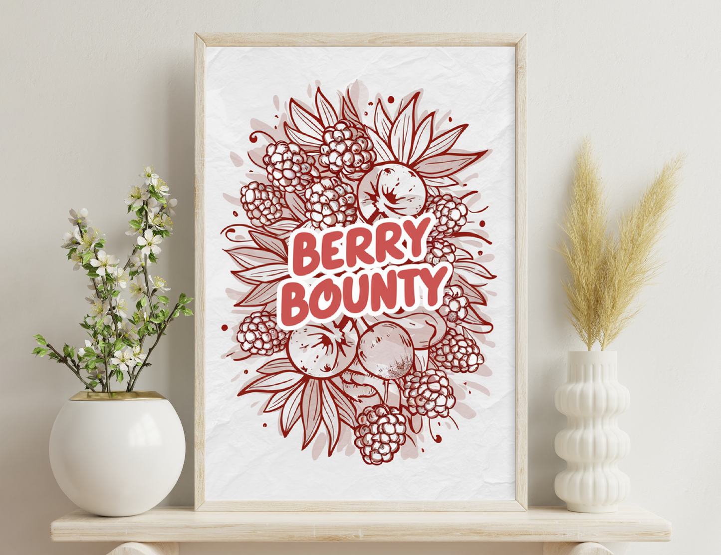 A decorative illustration featuring red and white berries, leaves and the text "Berry Bounty" stylized in a vintage, hand-drawn style.
