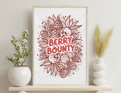 A decorative illustration featuring red and white berries, leaves and the text "Berry Bounty" stylized in a vintage, hand-drawn style.
