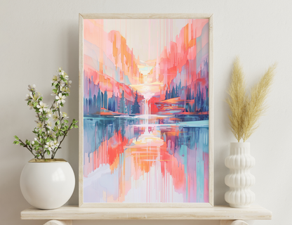 An abstract digital painting depicting a serene mountain landscape reflected in a calm lake, featuring vibrant shades of pink, orange, and blue creating a dreamlike, otherworldly atmosphere.
