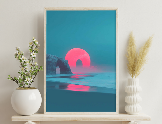 A huge pink sun appears to be setting behind a rock formation with an archway over a tranquil sea, casting vibrant reflections on the water's surface.
