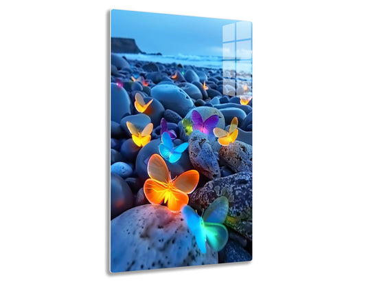 Colorful luminescent butterflies appear to float amidst a surreal landscape of smooth blue stones by a serene body of water, creating a dreamy and fantastical scene.
