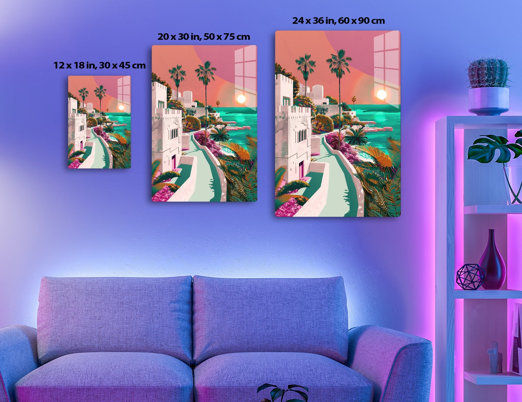 An illustration of a vibrant coastal town with whitewashed buildings, lush palm trees, and a pink sunset over the turquoise sea. The scene is infused with rich colors and intricate details, capturing a dreamlike, tropical paradise
