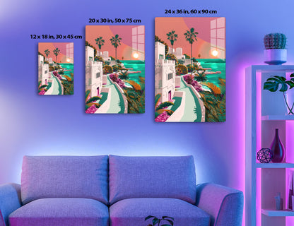 An illustration of a vibrant coastal town with whitewashed buildings, lush palm trees, and a pink sunset over the turquoise sea. The scene is infused with rich colors and intricate details, capturing a dreamlike, tropical paradise
