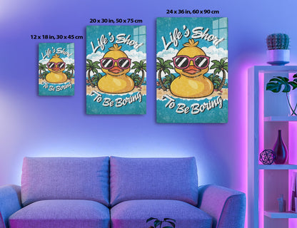 A cartoon pineapple wearing pink sunglasses and smiling against a tropical beach backdrop with palm trees, with the text "Life is Short, To Be Boring" in a fun, retro style.
