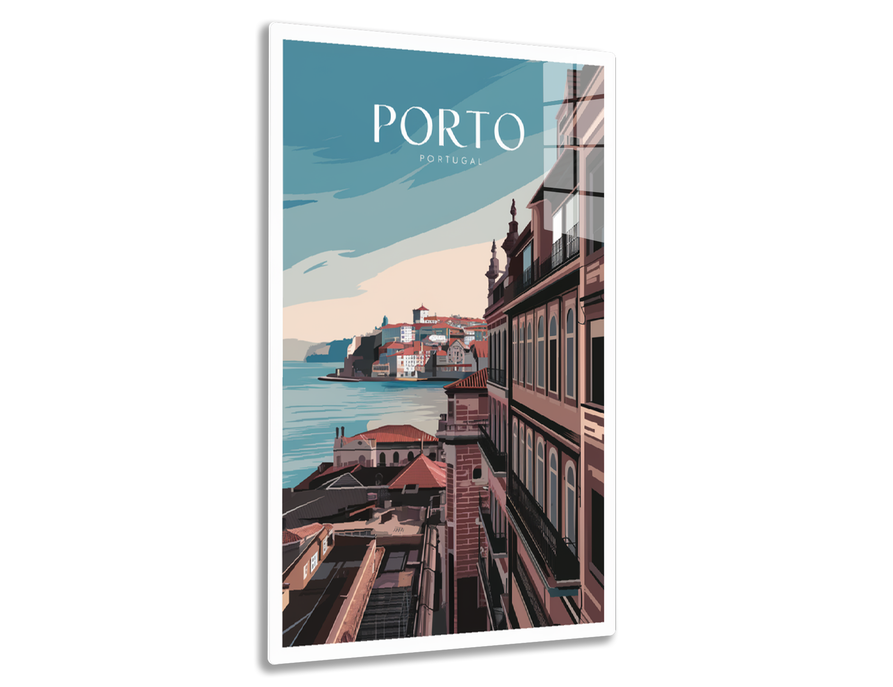 A vintage travel poster illustration featuring the colorful cityscape of Porto, Portugal, with its iconic riverside buildings and tiled roofs overlooking the Douro River against a blue sky.
