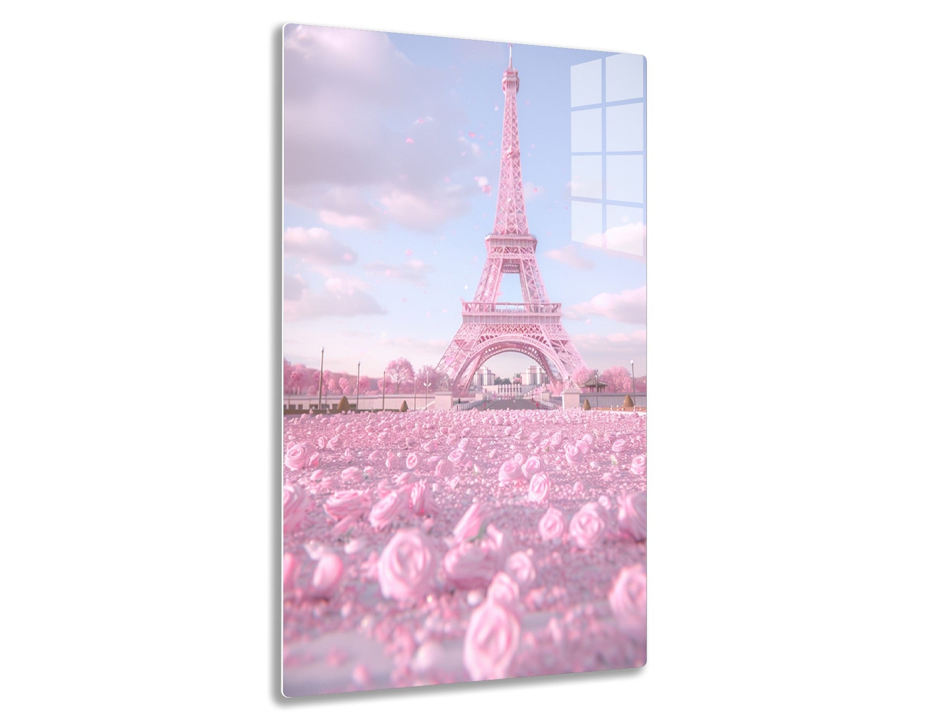 The Eiffel Tower in Paris stands tall against a cloudy sky, with a foreground blanketed in a surreal field of pink rose petals, creating a dreamy, romantic atmosphere.
