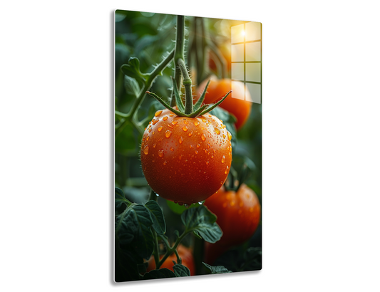 Fresh, ripe tomatoes on the vine, glistening with morning dew, their vibrant red color and plump shapes creating a mouthwatering sight amidst the lush green foliage.
