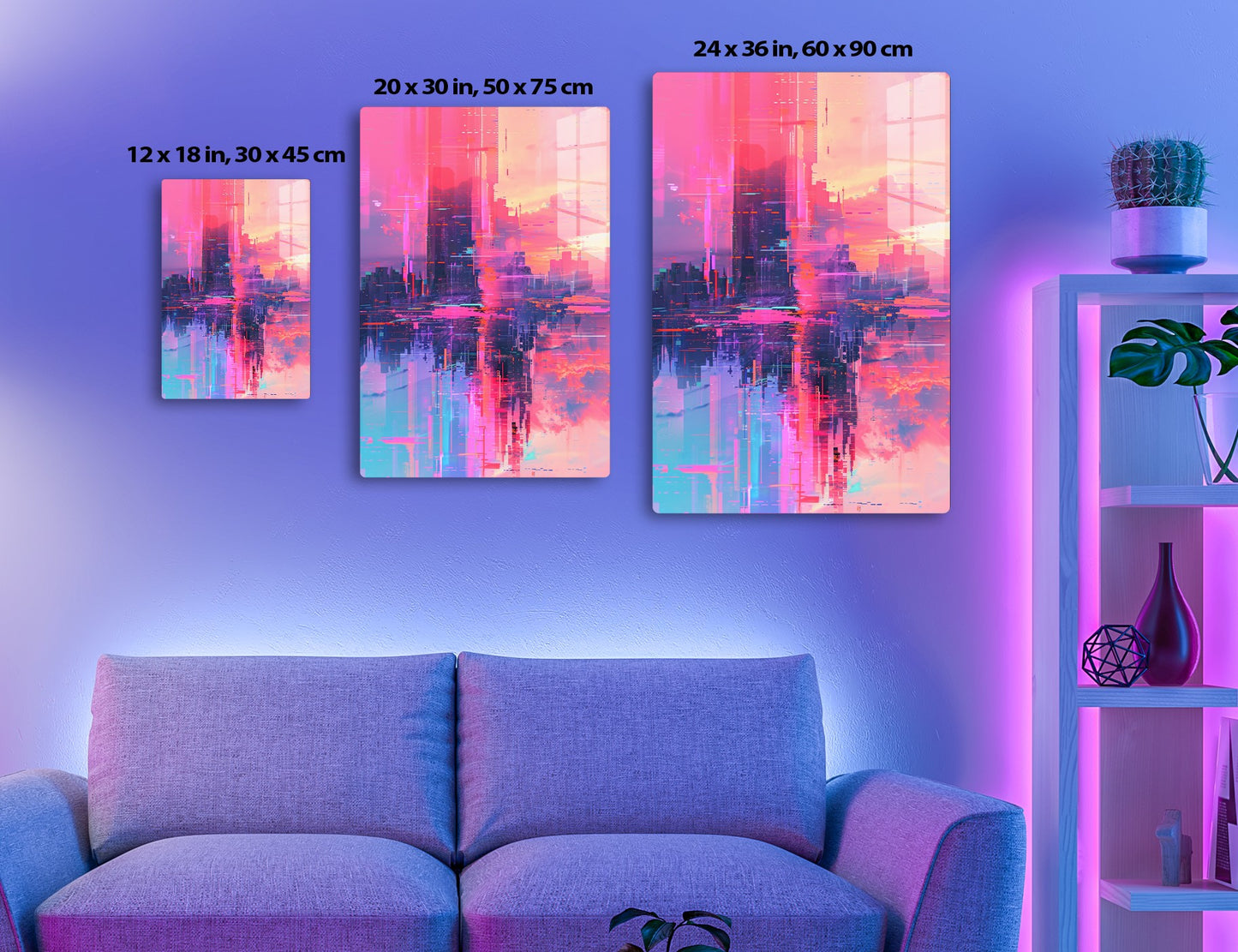 A surreal, abstract digital artwork depicting a distorted cityscape with vivid pink, purple and orange colors, creating a glitched, fragmented effect with geometric shapes and reflections resembling futuristic architecture and city lights.
