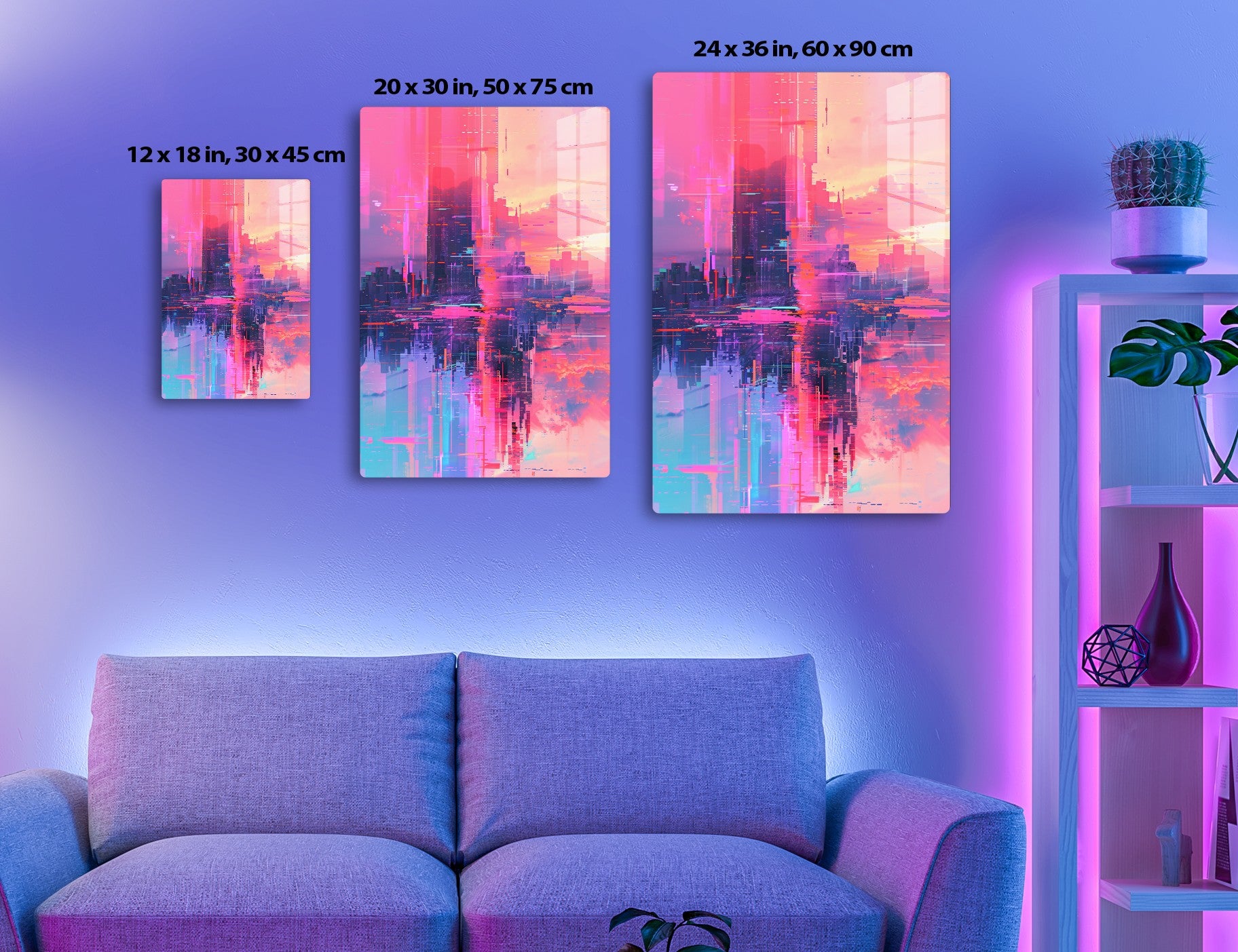 A surreal, abstract digital artwork depicting a distorted cityscape with vivid pink, purple and orange colors, creating a glitched, fragmented effect with geometric shapes and reflections resembling futuristic architecture and city lights.
