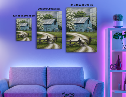 An old weathered barn with blue-gray wood siding and a tin roof stands surrounded by blooming trees and a wooden fence along a dirt path, under a dramatic cloudy sky.
