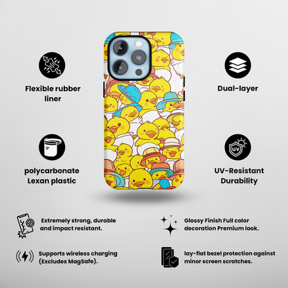 Ducky Delight (iPhone Case 11-15)Elevate your iPhone's protection and style with RimaGallery's Cheerful yellow ducklings with cute hats On case, featuring dual-layer defense and a sleek, glossy finiRimaGallery