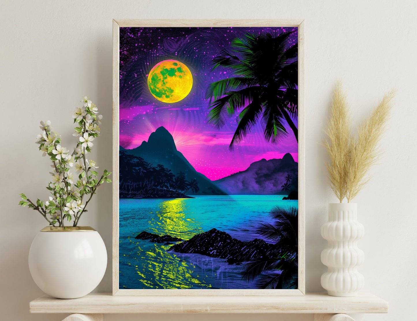 A vibrant tropical landscape at night with a large yellow moon, purple and pink sky, palm trees silhouetted against the scenic mountains reflected in the turquoise waters of a serene lake.
