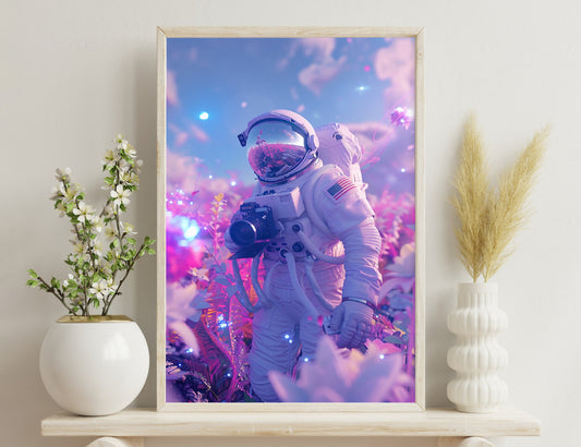 An astronaut in a white spacesuit with an American flag stands amidst a whimsical, vibrant pink and purple landscape, holding a camera while surrounded by floating particles resembling flower petals.
