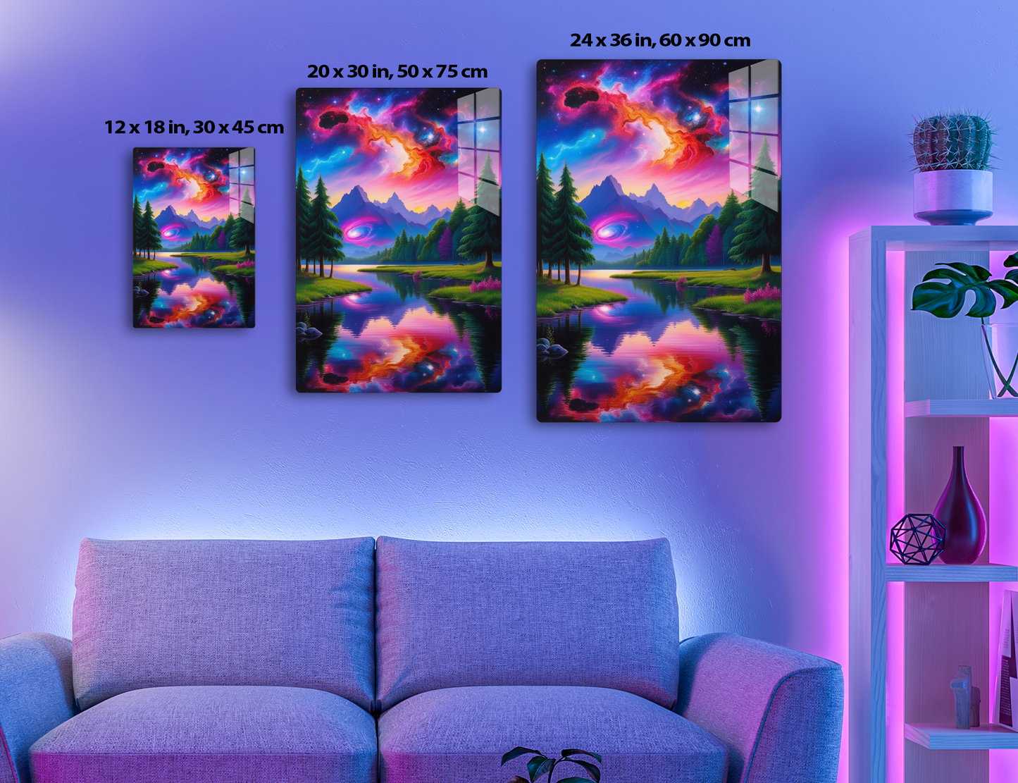 Vibrant nebula sky with fiery cosmic swirls mirrored in mountain lake surrounded by evergreen trees, depicting a surreal cosmic landscape.
