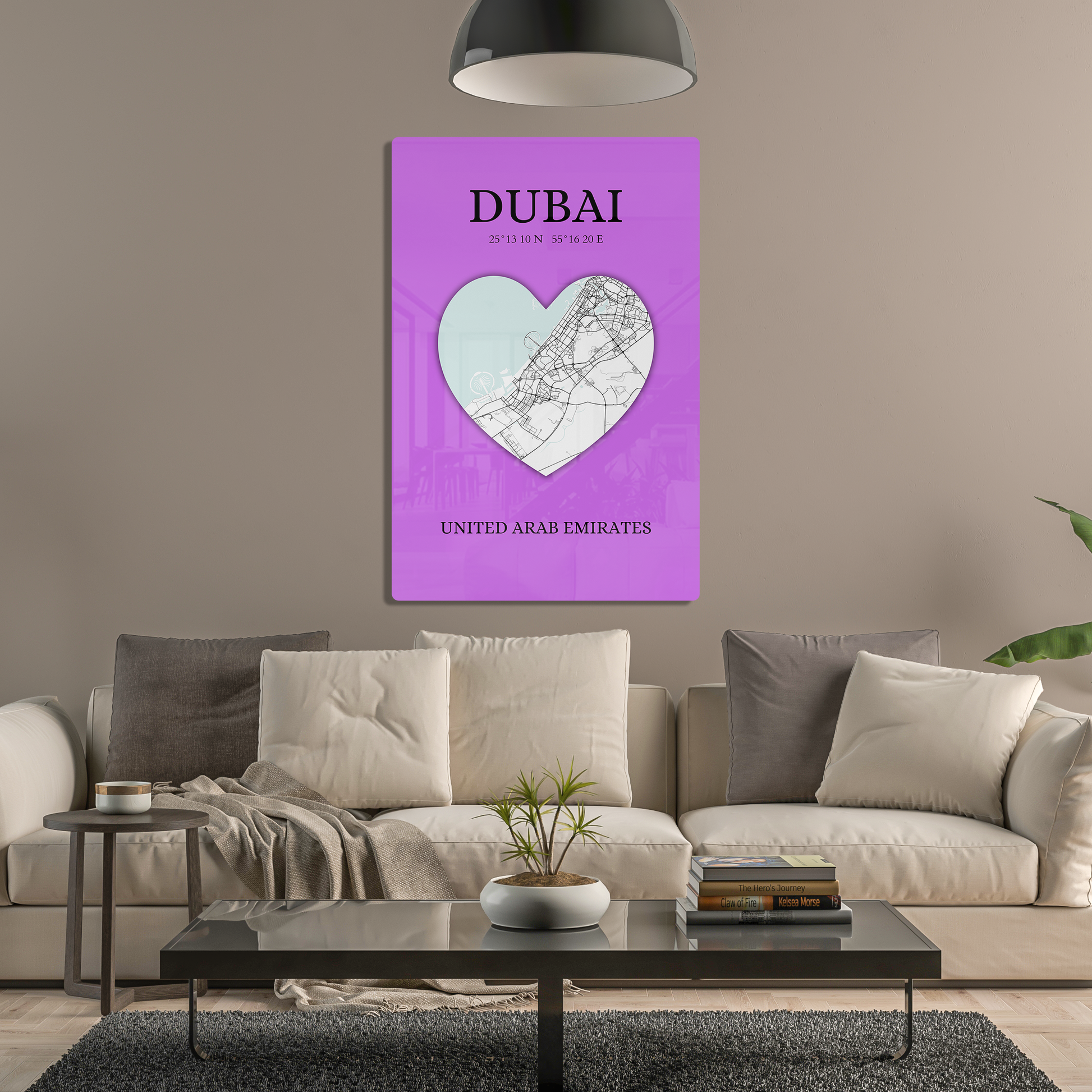 Dubai Heartbeat - Purple (Acrylic)Step into the universe with Vibrant purple Dubai souvenir featuring a heart and map. Acrylic art from RimaGallery. Experience the cosmos in your home with vibrant, eRimaGallery