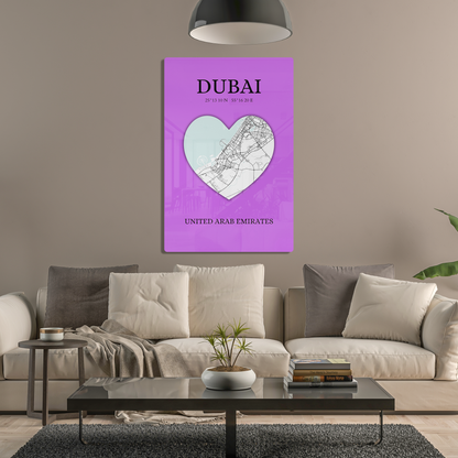 Dubai Heartbeat - Purple (Acrylic)Step into the universe with Vibrant purple Dubai souvenir featuring a heart and map. Acrylic art from RimaGallery. Experience the cosmos in your home with vibrant, eRimaGallery