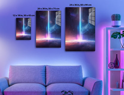 A celestial scene with a bright beam of light emanating from a distant planet, illuminating the atmosphere of a nearby planet in shades of purple, blue, and orange, surrounded by stars and cosmic elements.
