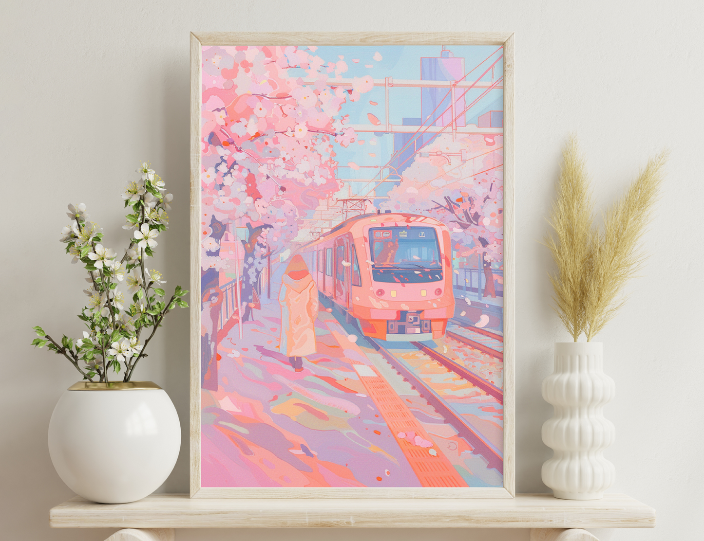 A vibrant illustration of a train station platform during cherry blossom season, with pink petals swirling around an arriving train and a person in a hooded coat waiting on the platform.
