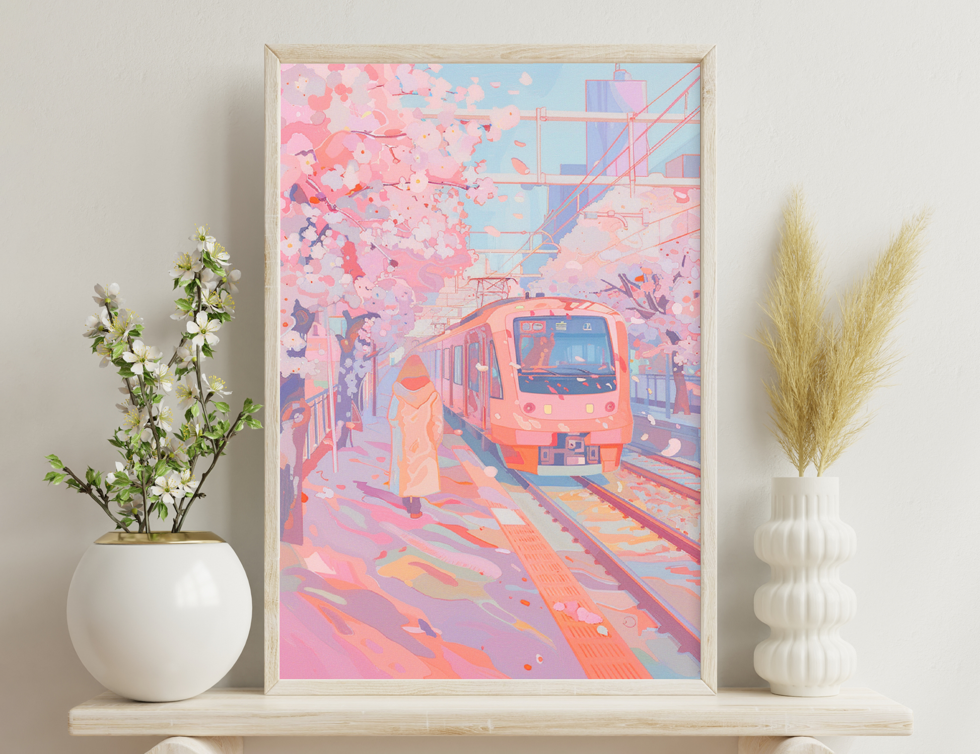 A vibrant illustration of a train station platform during cherry blossom season, with pink petals swirling around an arriving train and a person in a hooded coat waiting on the platform.
