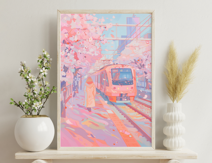 A vibrant illustration of a train station platform during cherry blossom season, with pink petals swirling around an arriving train and a person in a hooded coat waiting on the platform.
