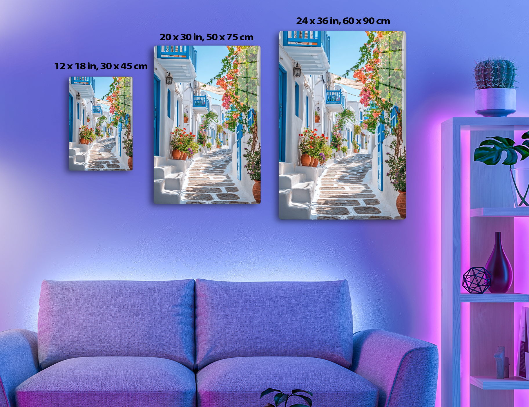 A picturesque alleyway in a traditional Greek village, featuring white-washed buildings with blue doors and windows, adorned with vibrant bougainvillea flowers and potted plants, and a cobblestone path leading through the
