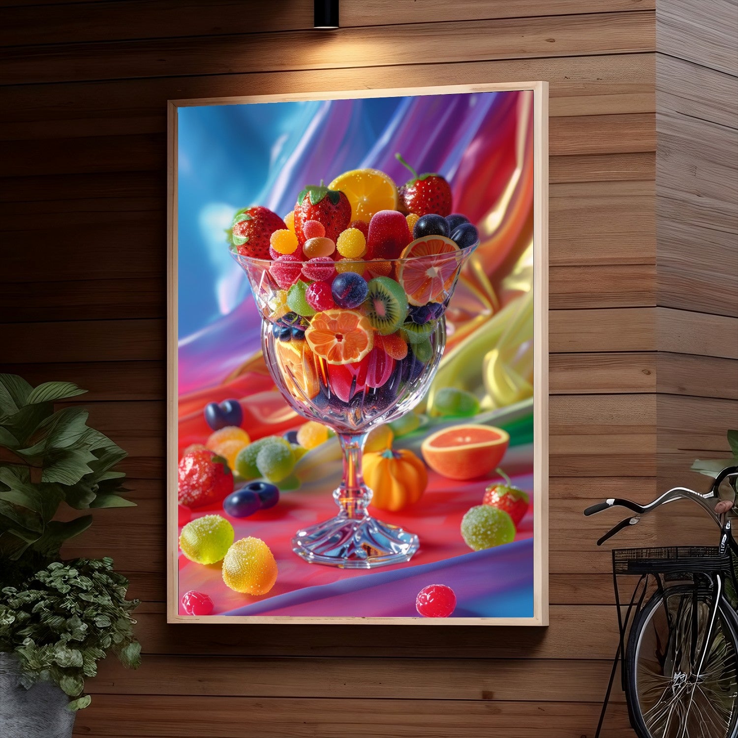 A glass goblet filled with an assortment of colorful fresh fruits like strawberries, oranges, kiwis, and grapes, creating a vibrant and appetizing display against a colorful swirled background.

Human
