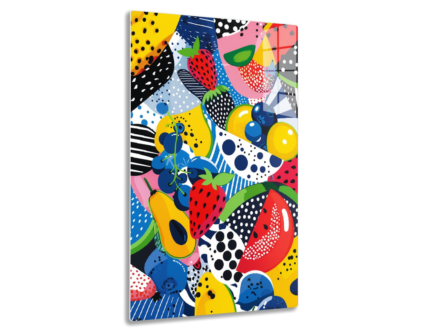 A colorful abstract illustration with stylized fruits like strawberries, blueberries and citrus fruits in bold patterns of dots, stripes and shapes on a bright background with vibrant hues of yellow, red, blue and pink.

