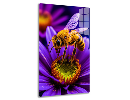 A close-up image of a honey bee pollinating a vibrant purple flower, its translucent wings extended and pollen clinging to its legs.
