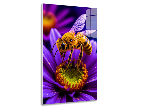 A close-up image of a honey bee pollinating a vibrant purple flower, its translucent wings extended and pollen clinging to its legs.
