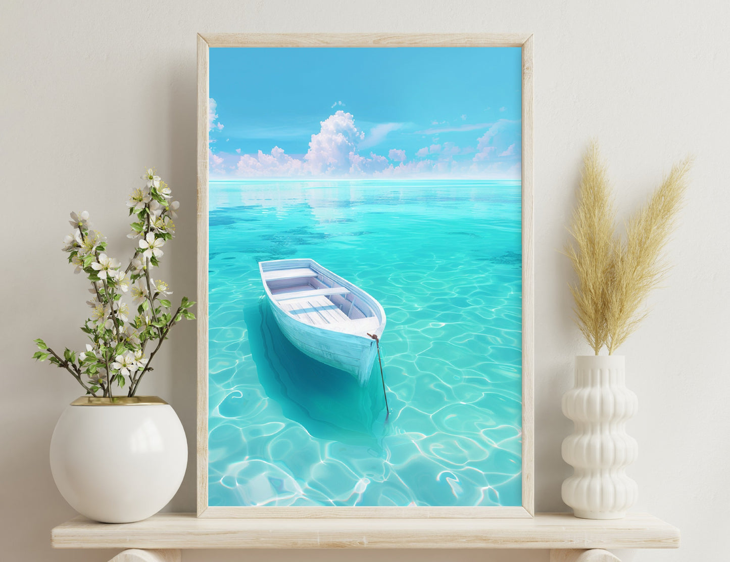 A small white boat floats serenely on a shallow, crystal-clear turquoise sea under a partly cloudy blue sky, evoking a sense of tropical tranquility and escape.
