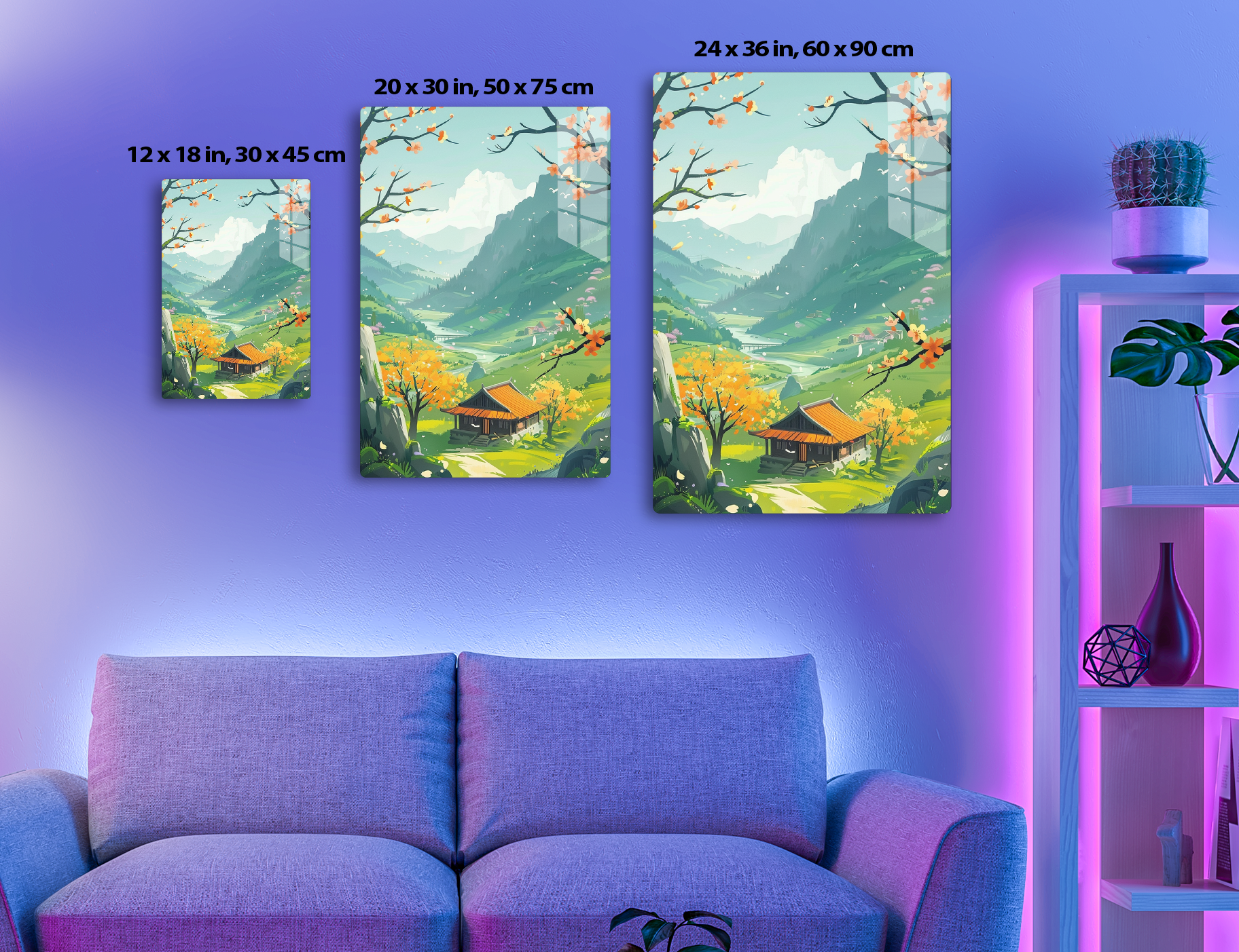 A serene mountain landscape with blossoming trees, a village house, birds in flight, and a river winding through a lush green valley against a backdrop of towering peaks and cloudy skies.
