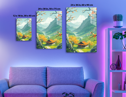 A serene mountain landscape with blossoming trees, a village house, birds in flight, and a river winding through a lush green valley against a backdrop of towering peaks and cloudy skies.
