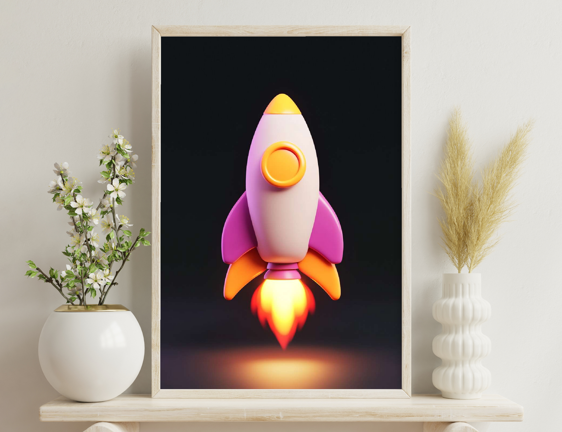 A stylized, vibrant rocket made of geometric shapes glows in shades of orange, yellow, and purple against a black background, appearing ready for liftoff.
