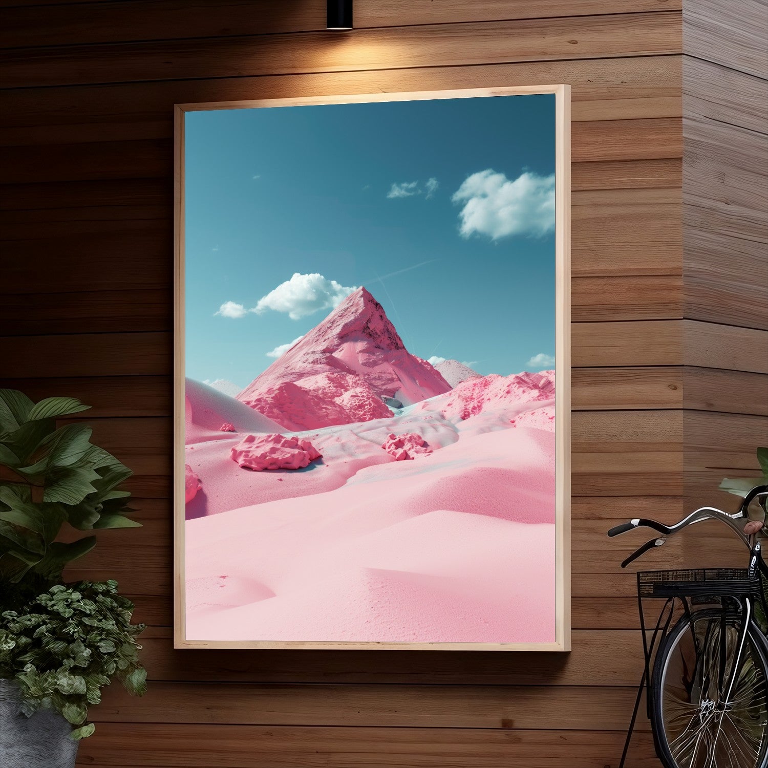 A surreal landscape of pink snow-covered mountains against a blue sky with white clouds. The vibrant pink hues create a dreamlike, otherworldly scenery.
