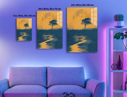 A serene landscape showing a winding river reflecting an orange sunset, with a silhouetted tree standing tall against a large golden sun.
