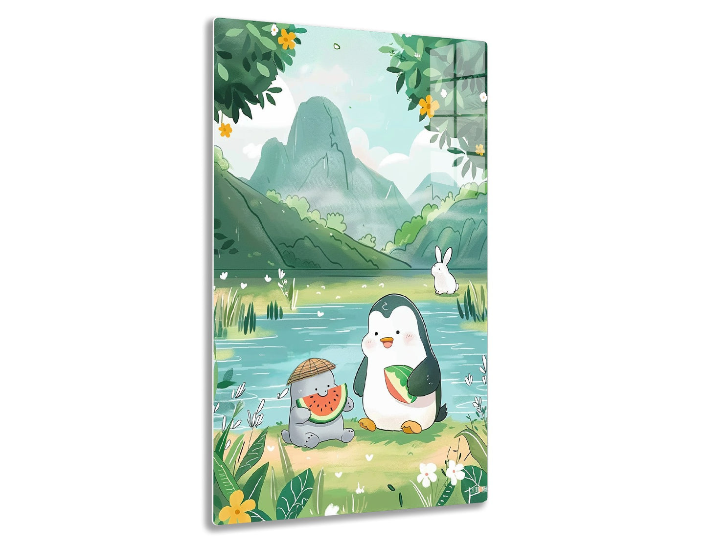 A serene landscape with a mountain backdrop, featuring a penguin carrying a watermelon slice, a bunny, and a watermelon creature by a pond amidst lush foliage and flowers.

