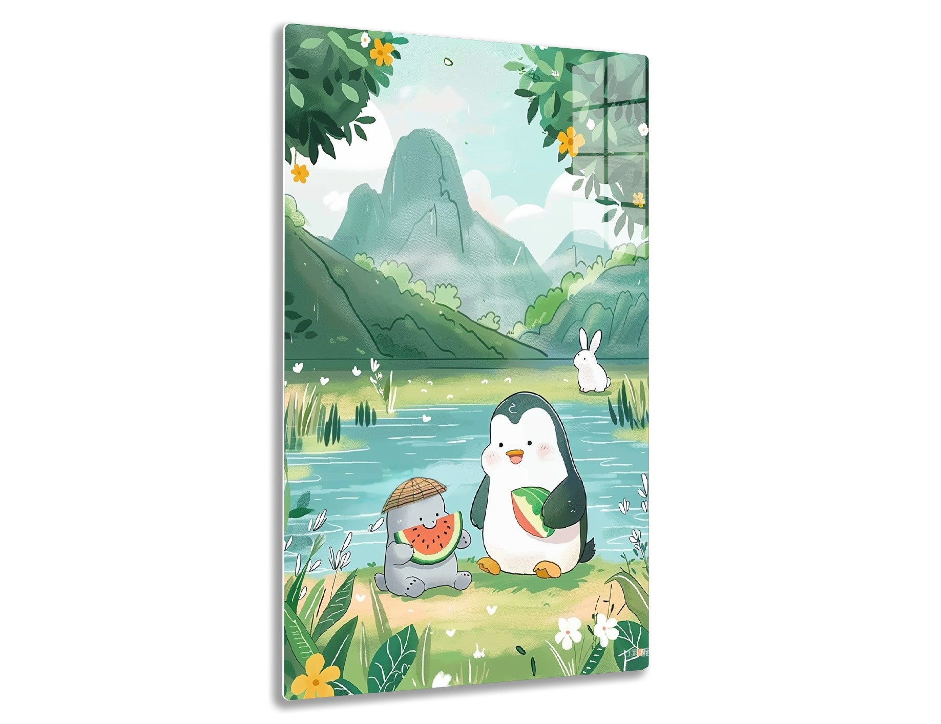 A serene landscape with a mountain backdrop, featuring a penguin carrying a watermelon slice, a bunny, and a watermelon creature by a pond amidst lush foliage and flowers.
