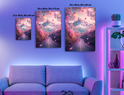 A winding road leads through a vibrant pink cherry blossom forest towards majestic snow-capped mountains in the distance, with butterflies fluttering among the blossoms and a dreamy, surreal atmosphere.
