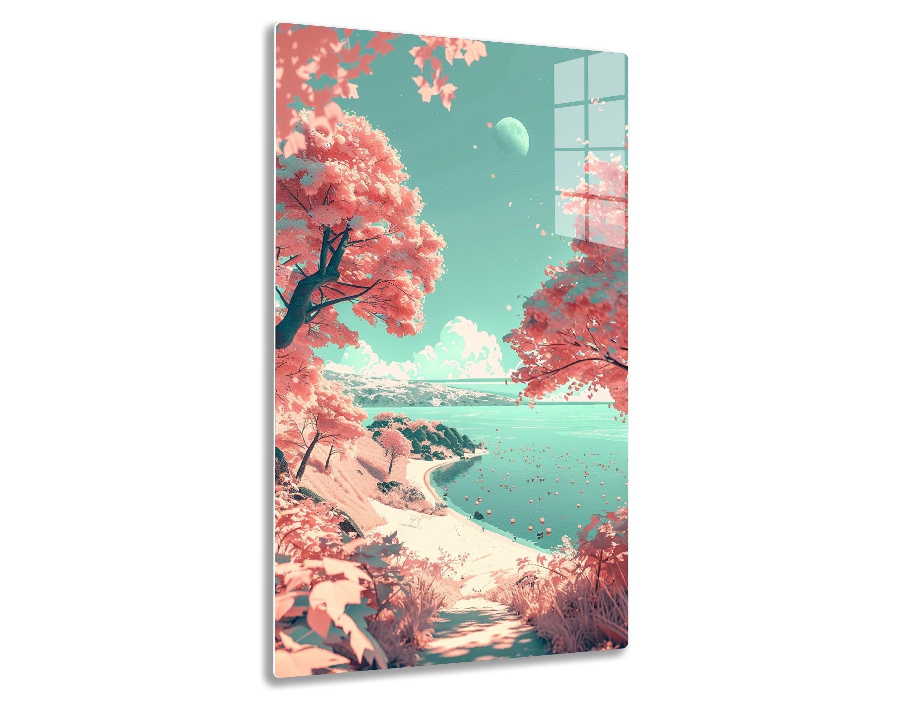 Dreamy moonlit landscape with pink blossoming trees, turquoise lake, winding path, and scattered petals under a full moon in a cloudy sky.
