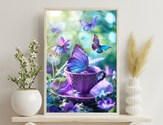 A purple teacup and saucer surrounded by colorful blue and purple butterflies, with soft bokeh lights in the background, creating a dreamy and whimsical scene.
