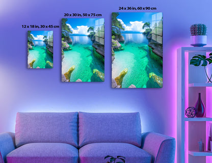 Stunning lake with crystal clear turquoise and emerald green waters, surrounded by rocky shores with pine trees, under a blue sky with fluffy white clouds reflecting on the serene water surface.
