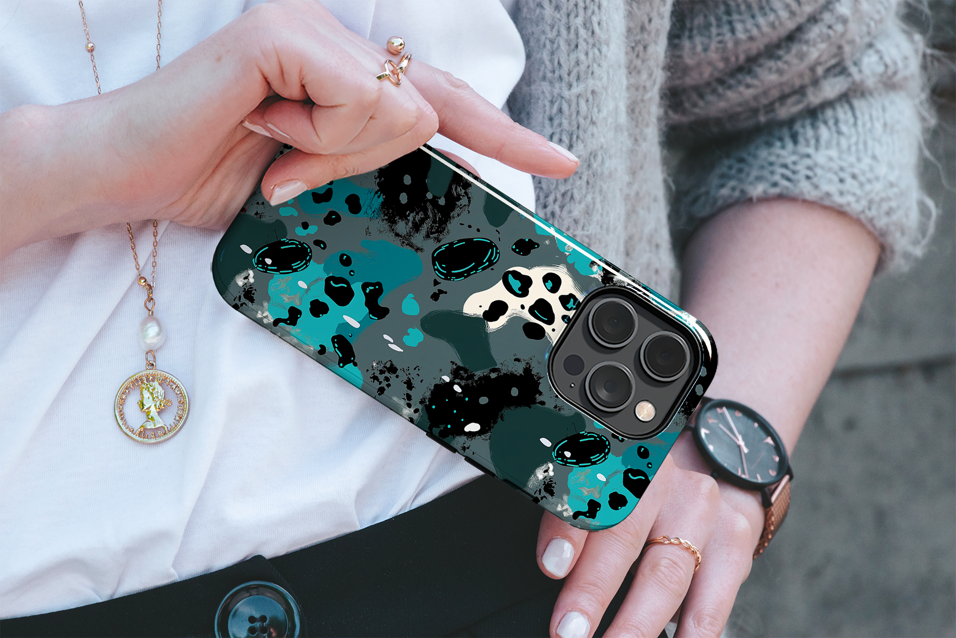 Aqua Abstract (iPhone MagSafe Case)Elevate your iPhone's protection and style with RimaGallery's Abstract teal and black speckled pattern on iphone MagSafe Case against a dark backdrop. Enjoy dual-layRimaGallery