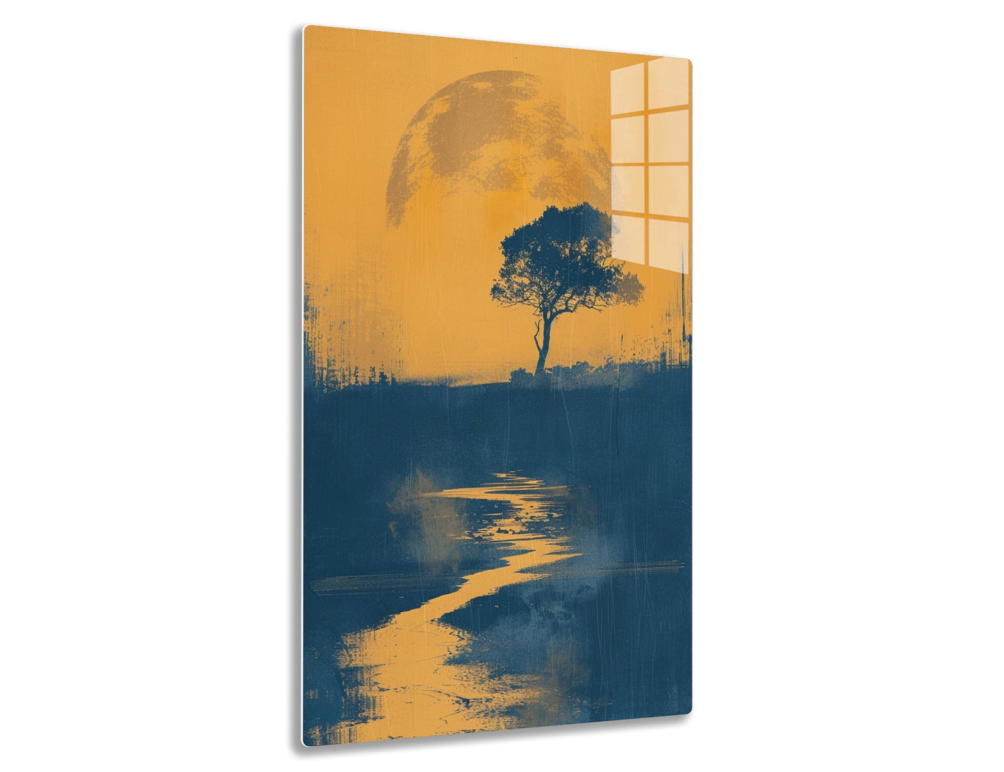 A serene landscape showing a winding river reflecting an orange sunset, with a silhouetted tree standing tall against a large golden sun.
