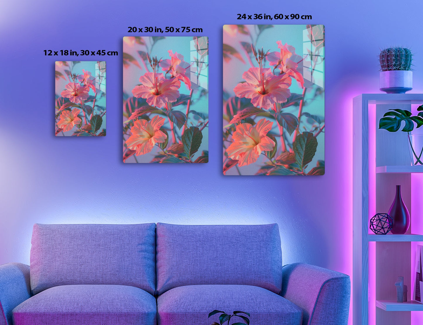 Close-up of vibrant pink hibiscus flowers blooming with red stems and green leaves against a soft blue background.
